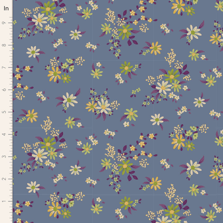 Tilda Chic Escape Daisyfield Blue 110051 puuvillakangas, sininen pohja ja värikkäät kukkakuviot. Sopii tilkkutöihin ja käsitöihin