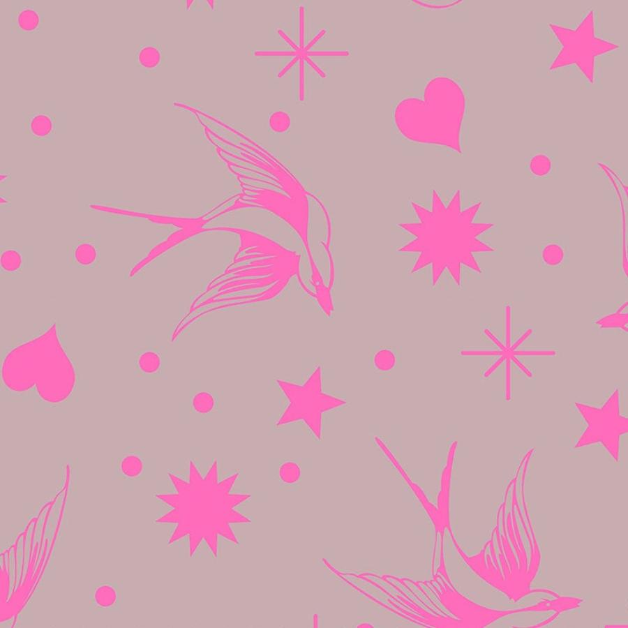 Tula Pink True Colors Neon Inks Fairy Flakes Cosmic kangas, kirkkailla neonvärisillä lumihiutalekuvioilla, laadukasta 100% puuvillaa, täydellinen tilkkutöihin.