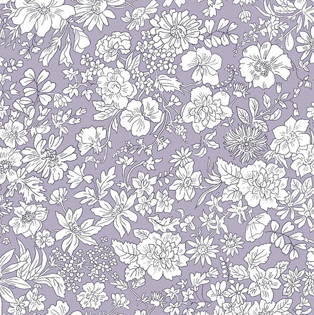Lila Liberty Emily Belle Mauve -puuvillakangas, jossa valkoisia kukka-aiheisia ääriviivapiirroksia.