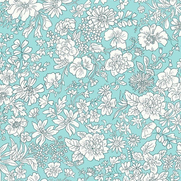 Vaaleanvihreä Liberty Emily Belle Mermaid -puuvillakangas, jossa valkoisia kukka-aiheisia ääriviivapiirroksia.