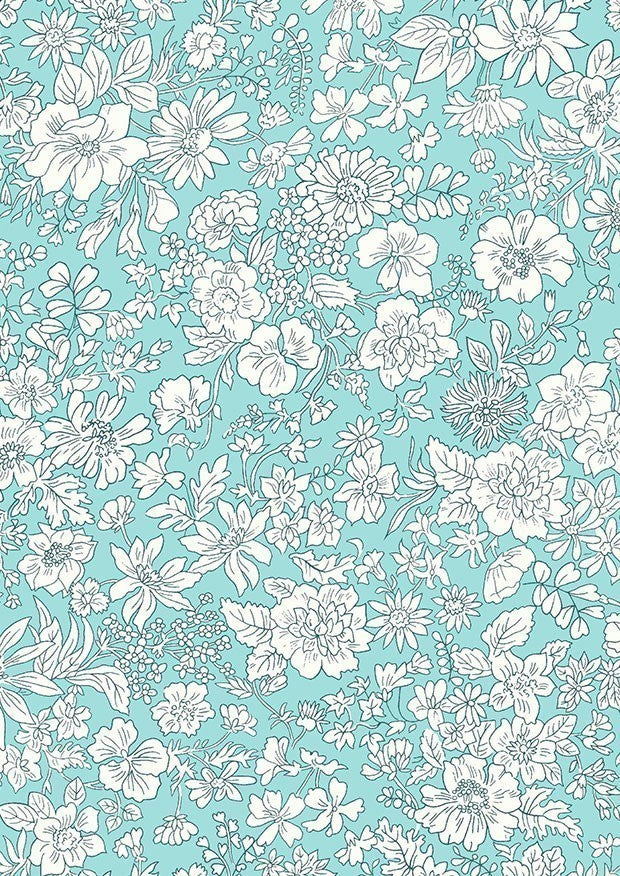 Vaaleanvihreä Liberty Emily Belle Mermaid -puuvillakangas, jossa valkoisia kukka-aiheisia ääriviivapiirroksia.