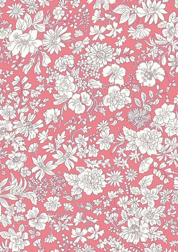 Persikanvärinen Liberty Emily Belle Watermelon -puuvillakangas, jossa valkoisia kukka-aiheisia ääriviivapiirroksia.