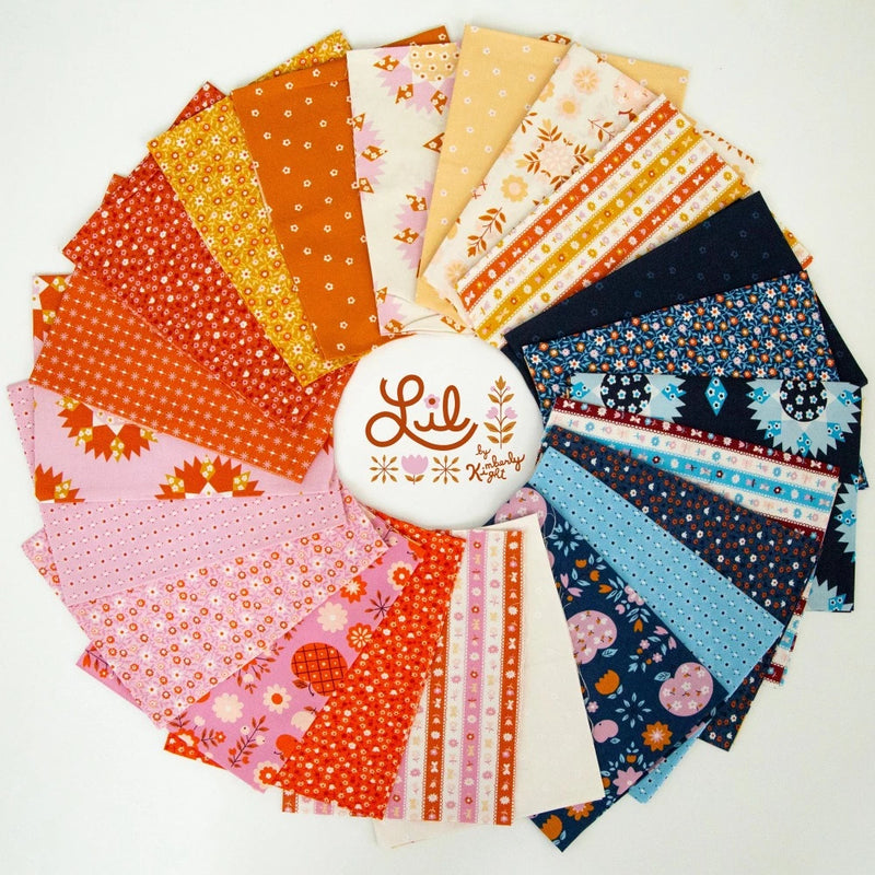 Ruby Star Society Lil fat quarter bundle, 22 kangaspalaa viuhkana, oranssi vaaleanpunainen ja sininen väripaletti