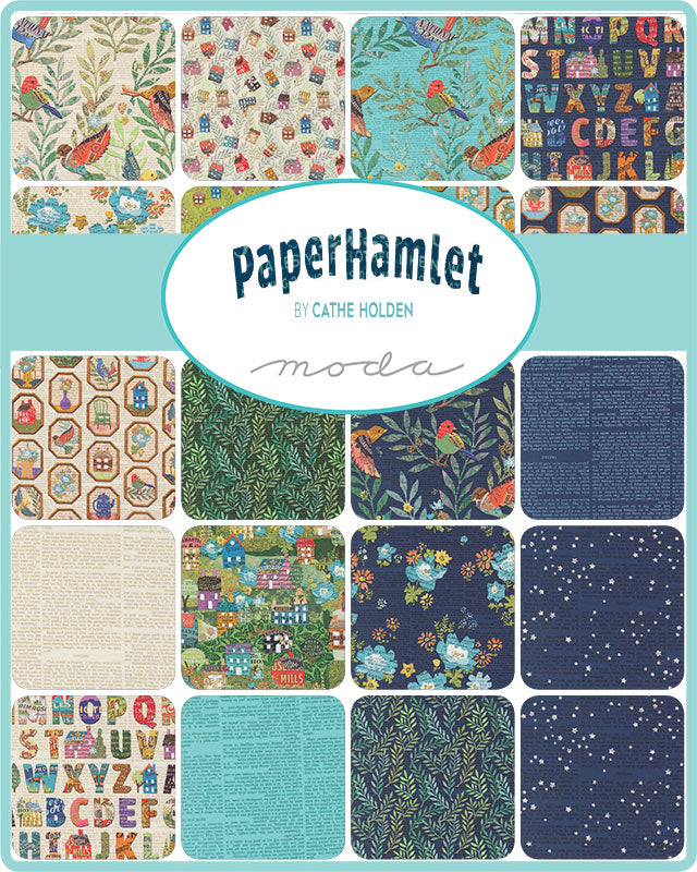 Cathe Holdenin Paper Hamlet -kangaskokoelma, jossa vintage-tyylisiä taloja, kukkia, lintuja ja painettua typografiaa leikkisässä kylämaisemassa.