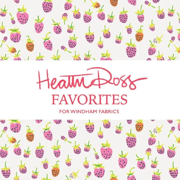 Heather Ross Favorites -mallisto Windham Fabricsille, mansikkakuvioinen puuvillakangas ja mallistoin värimaailma