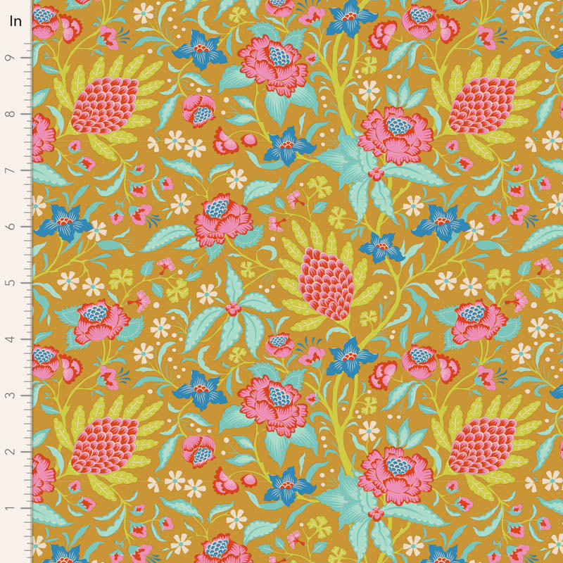 Tilda Bloomsville Flowertangle Mustard puuvillakangas, värikäs kukkakuosi kesäisiin käsitöihin.