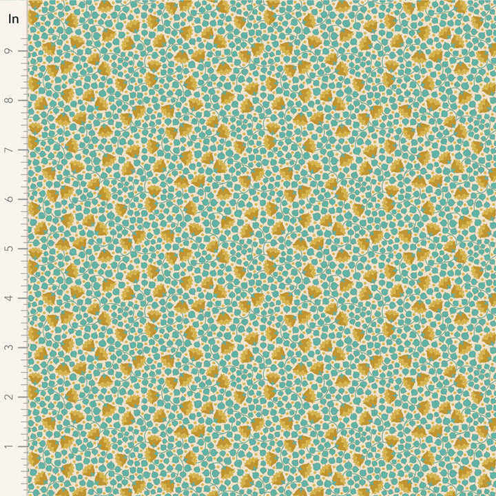 Tildan Wallflower-kokoelman Bellflower Teal -kangas: pieniä kukkakuvioita turkoosi ja keltaisella sävyisellä, täydellinen käsitöihin.