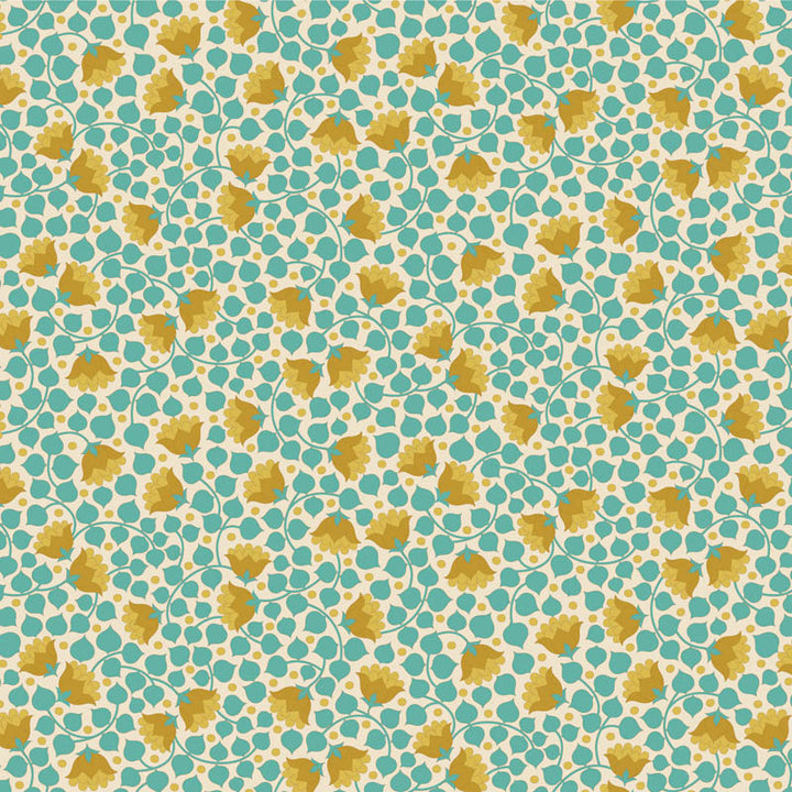 Tildan Wallflower-kokoelman Bellflower Teal -kangas: pieniä kukkakuvioita turkoosi ja keltaisella sävyisellä, täydellinen käsitöihin.