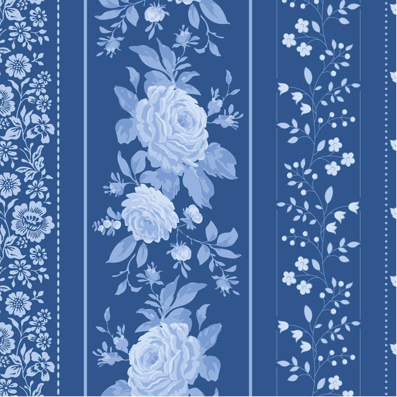 Tilda Something Blue 110171 Borders Night puuvillakangas, tummansininen pohja ja kukka- sekä elefanttikuvioisia raitoja.