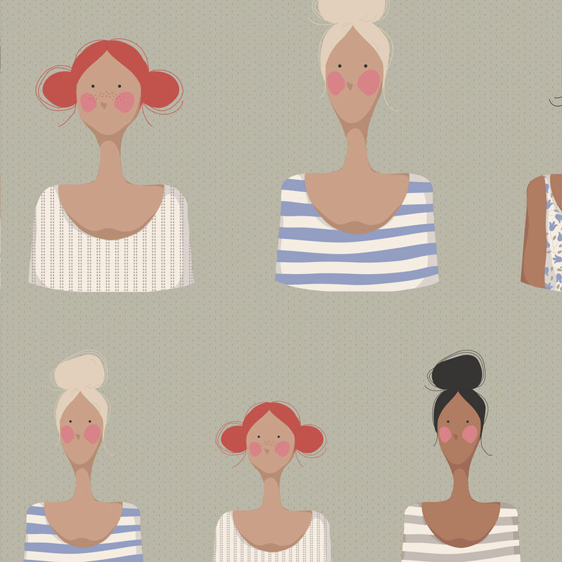 Tilda Me and My Friends - Khaki kangas, vihreällä pohjalla söpöjä ystävähahmoja.