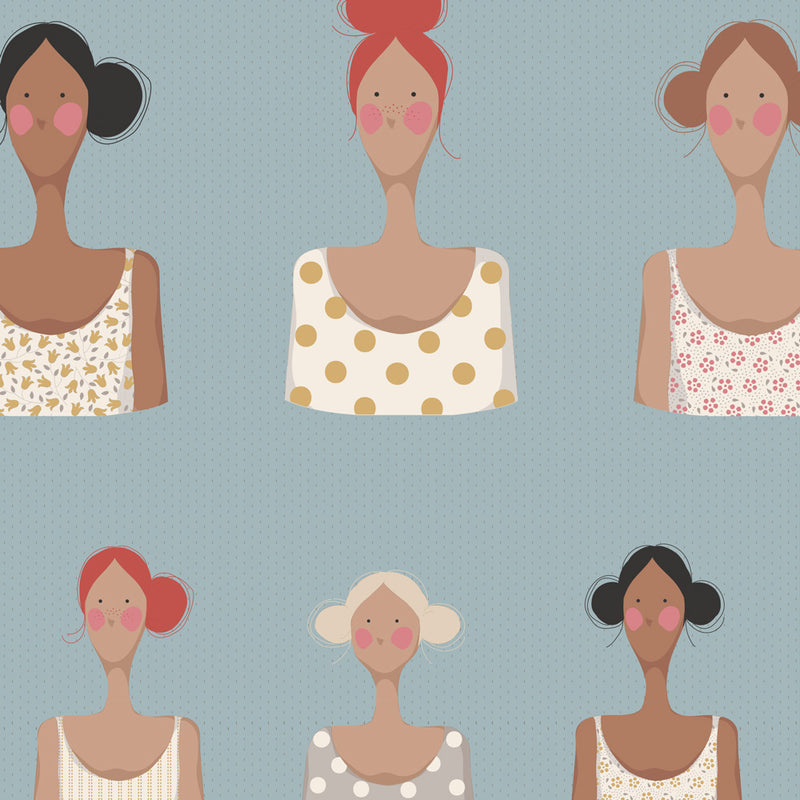 Tilda Me and My Friends - Sky kangas, vaaleansinisellä pohjalla söpöjä ystävähahmoja.