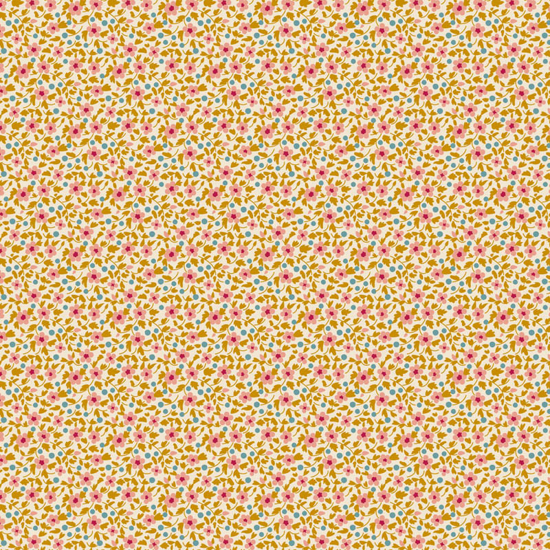 Tilda Brie Basics Mustard 130196 – keltainen puuvillakangas, jossa pieniä kukkakuvioita. Sopii tilkkutöihin ja käsitöihin.