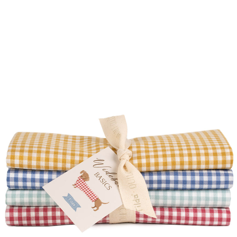 Tilda Wideback Basics Gingham iso Fat Quarter -nippu, 4 kpl lankavärjättyä ruutukangasta keltaisena, sinisenä, minttuna ja punaisena