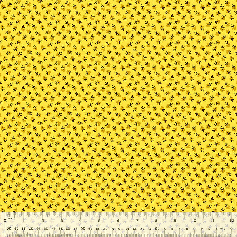 Denyse Schmidt Bonny Calico Yellow 53646-3 puuvillakangas – keltainen pienikukka-aiheilla kuvioitu kangas tilkkutöihin.