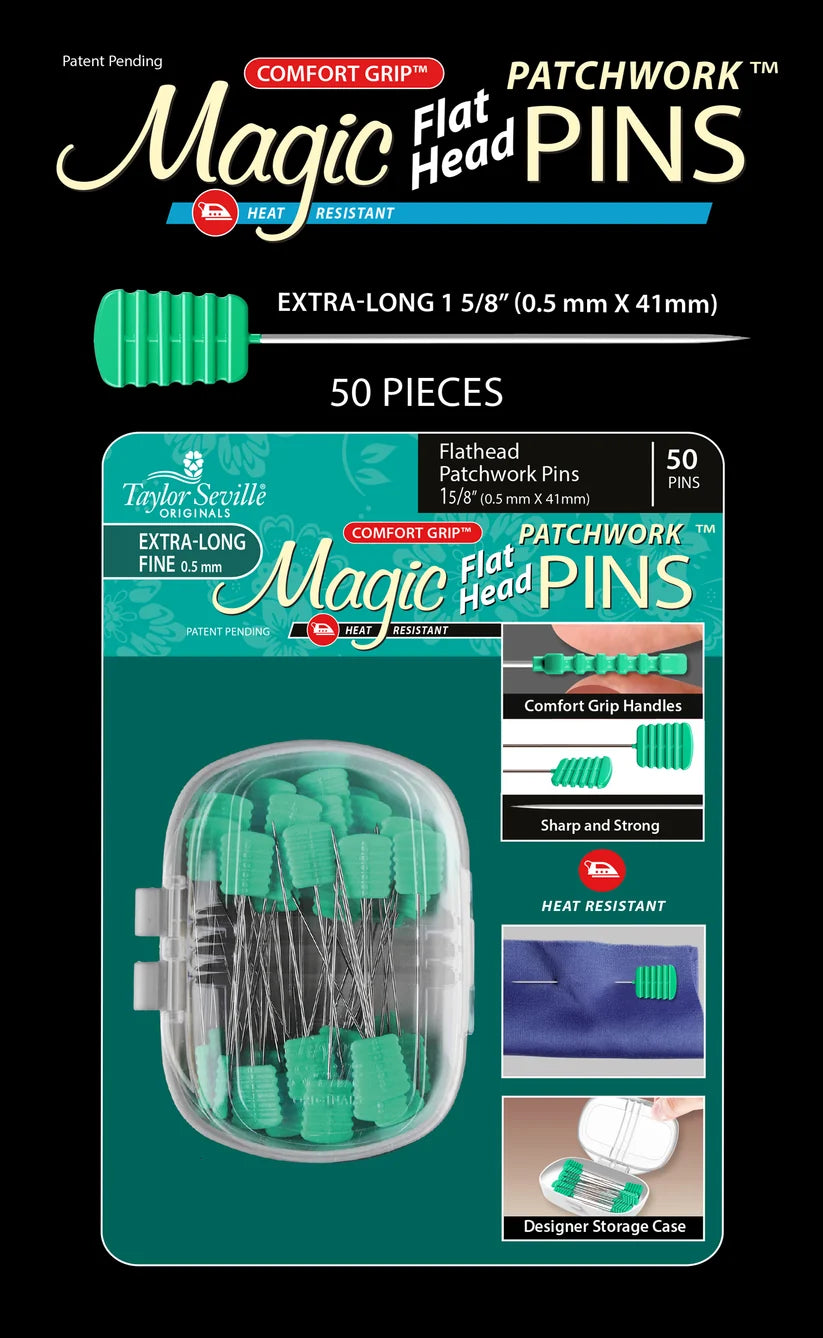 Taylor Seville Magic Pins Flathead Patchwork Extra Long -pitkä tilkkutyönuppineulat, 50 kpl pakkaus