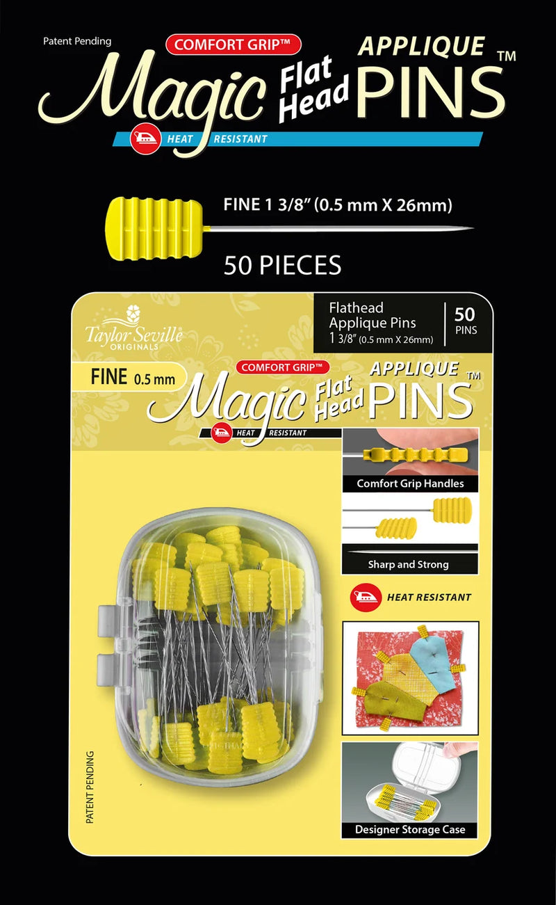 Taylor Seville Magic Pins Flathead Applique Fine - ohut applikointinuppineulat, 50 kpl pakkaus