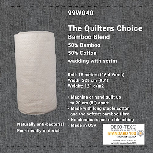 Quilters Choice Bamboo Blend -vanu, 228 cm leveä, 50 % bambua ja 50 % puuvillaa, valkaisematon ja kemikaaliton tilkkutöihin