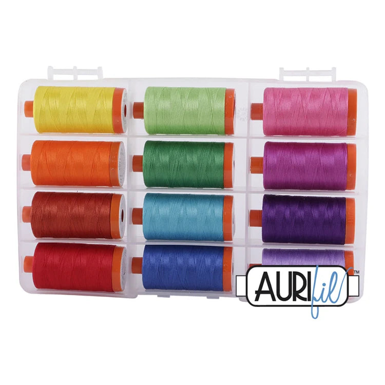 Aurifil Bright Collection – 12 isoa rullaa kirkkaan värisiä 50wt puuvillalankoja sateenkaaren sävyissä