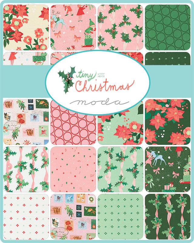 Lizzy House Tiny Christmas 5" charm pack -kangasnippu, jossa punaisia, vihreitä ja vaaleanpunaisia jouluaiheisia puuvillaneliöitä ympyrämuodossa