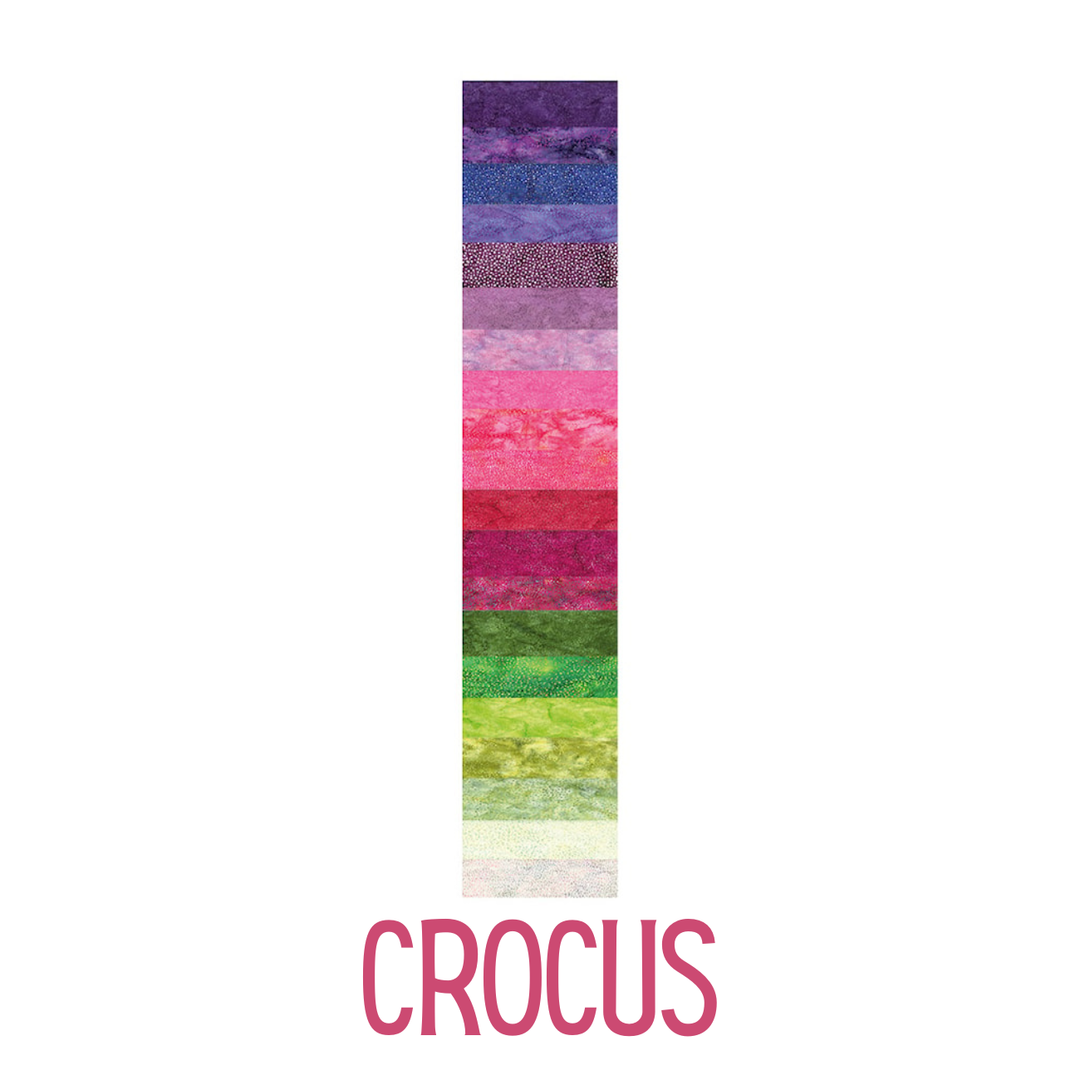 Bali Pops Crocus – 40 violetin, pinkin ja vihreän sävyistä batiikkikaitaletta.