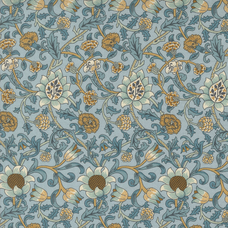 Barbara Brackmanin Morris Manor kokoelman 8392-13 Evenlode Florals Sky puuvillakangas, kukkakuviot sinisellä pohjalla