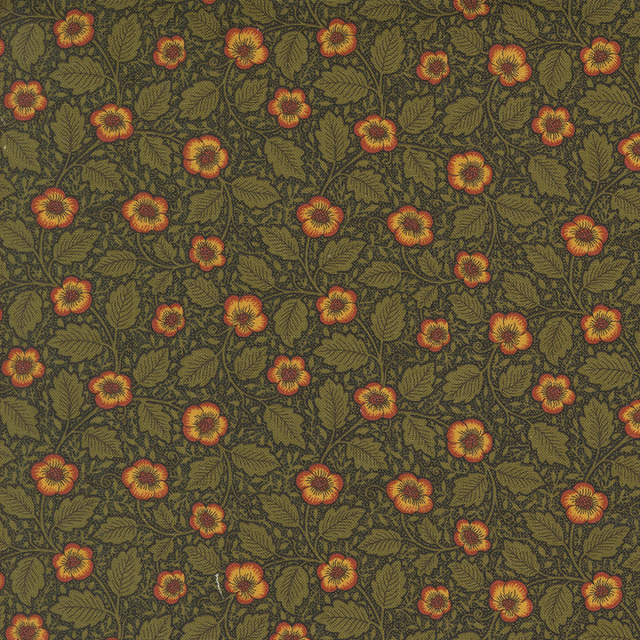 Barbara Brackmanin Morris Manor kokoelman 8396-20 Antipodes Ebony puuvillakangas, oransit kukkakuviot tummalla pohjalla