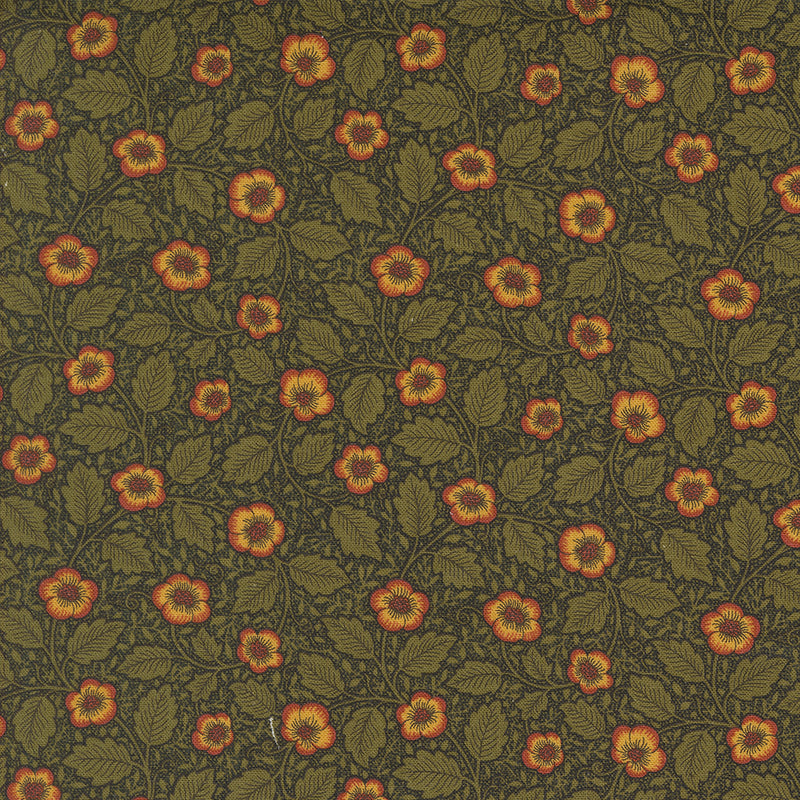Barbara Brackmanin Morris Manor kokoelman 8396-20 Antipodes Ebony puuvillakangas, oransit kukkakuviot tummalla pohjalla
