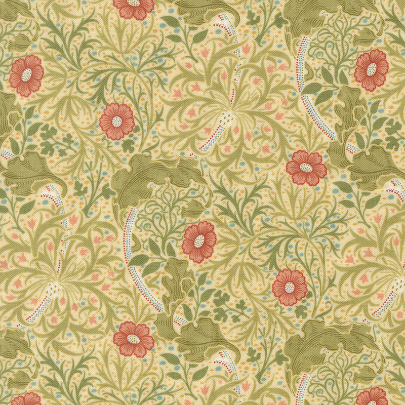 Barbara Brackmanin Morris Muse -kokoelman 13382-11 Seaweed Parchment -puuvillakangas – klassinen William Morris -kuosi, jossa kukkia ja lehtikuvioita vaalealla pohjalla.