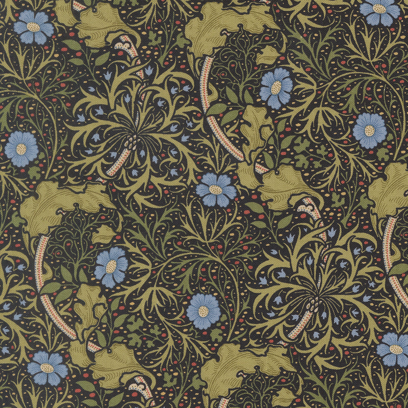 Barbara Brackmanin Morris Muse -kokoelman 13382-16 Seaweed Ebony -puuvillakangas – klassinen William Morris -kuosi, jossa kukkia ja lehtikuvioita tummalla pohjalla.