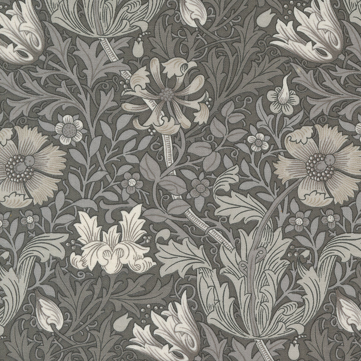 Barbara Brackmanin suunnittelema Ebony Suite -kokoelman 8383-14 Compton Charcoal-puuvillakangas, jossa on Morris-tyylinen kukkakuvio.