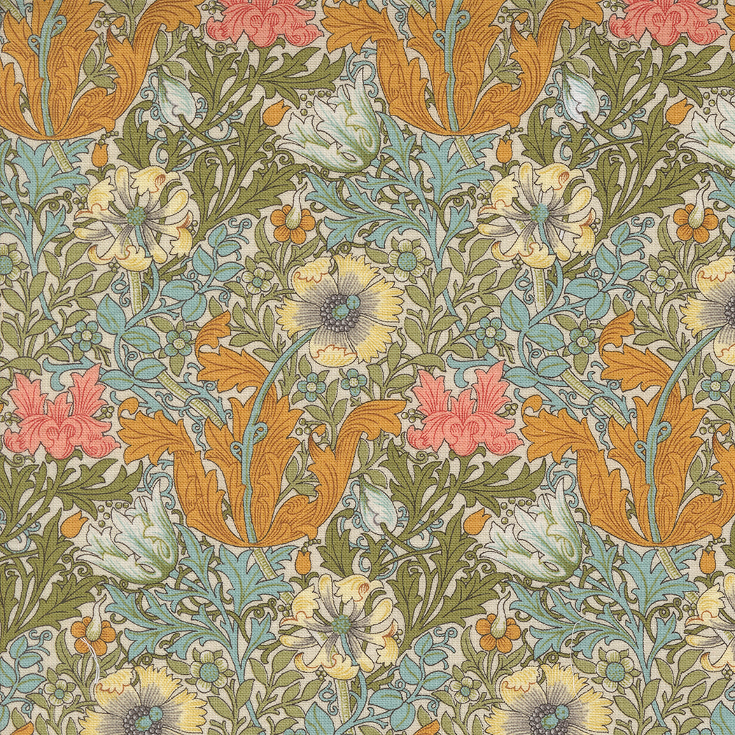 Barbara Brackmanin Morris Manor kokoelman 8390-11 Compton Florals Porcelain puuvillakangas, kukka ja lehtikuviot vaalealla pohjalla