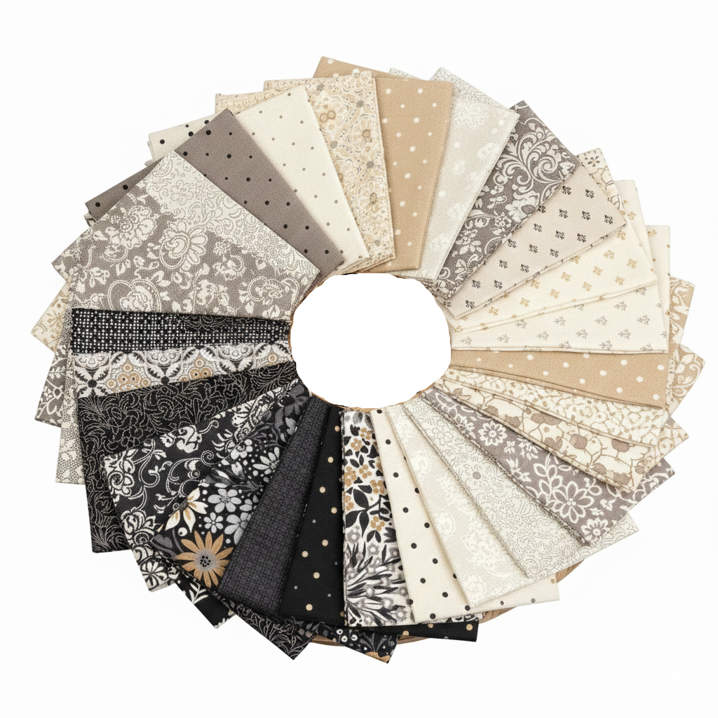 BasicGreyin suunnittelema Posh kokoelman musta–harmaa–beige puuvillakangasnippu