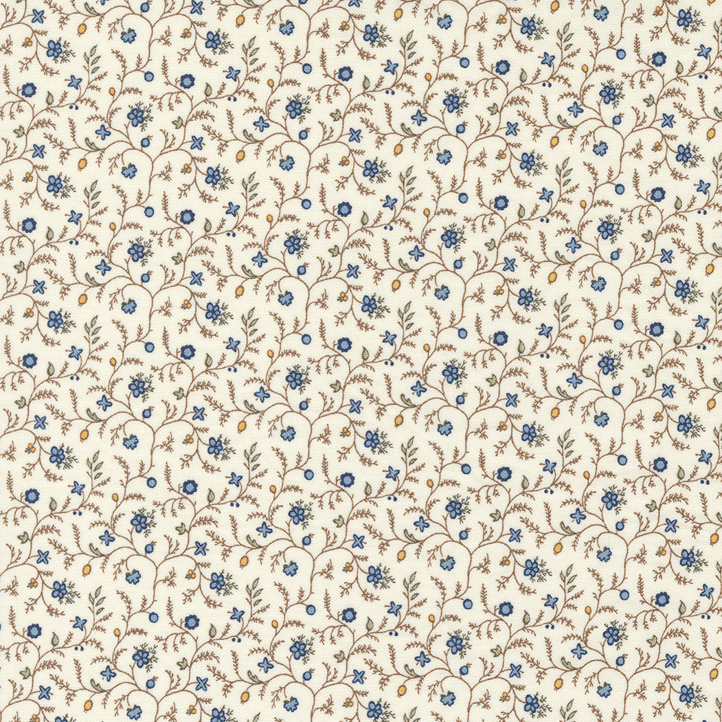 Lähikuva Betsy Chutchian Amelia’s Blues -kokoelman Ivory Multi Temperance Blender -puuvillakankaasta, vaalea hillitty kuosi, Moda Fabrics.