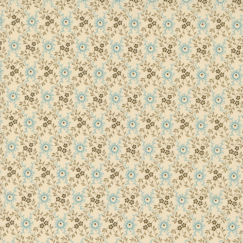 Lydia's Lace 31687-12 Biscuit Aqua London Grace -puuvillakangas, Betsy Chutcianin suunnittelema, klassinen kukkakuvio valealla pohjalla.