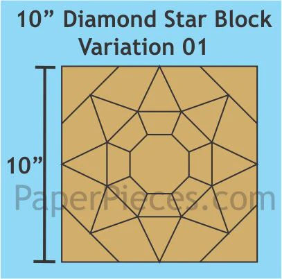 Diamond Star variation 01 paperit ja akryylisapluunat, sisältää paperit täydelliseen blokkiin ja akryylisapluunat kankaiden leikkaamiseen.