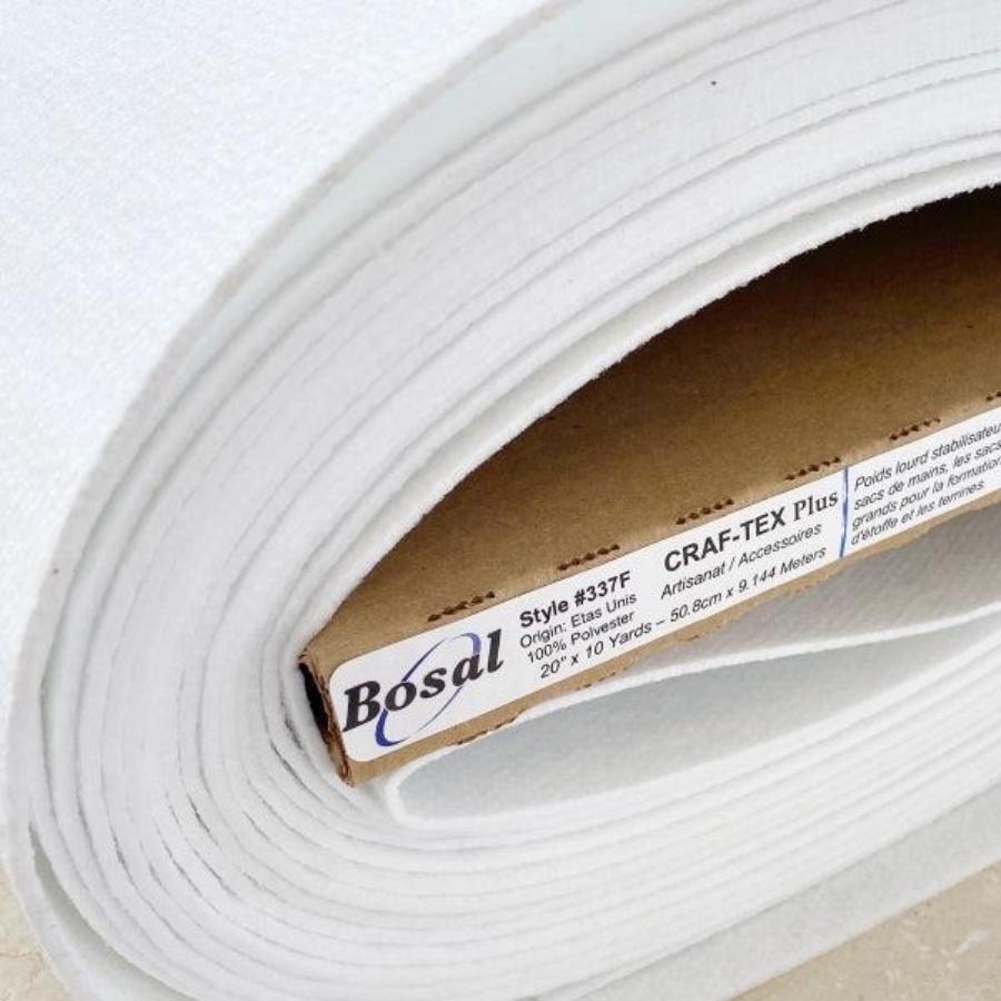 Bosal Craft-Tex Double-Sided Fusible Plus liimahuopa, kahdelta puolelta tarttuva tukimateriaali kangasprojekteihin, kuten hatut, laukut, pöytätabletit ja kangaslaatikot. Leveys 50 cm, materiaali 100 % polyesteri.