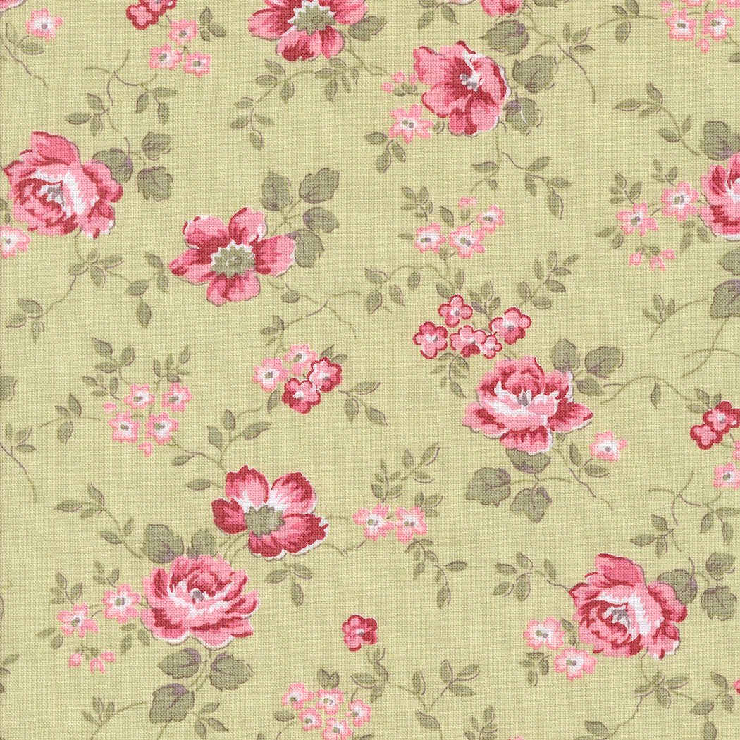 Vaaleanvihreä Bunny Hill Designs Very Sweet Christmas 3060-17 Christmas Rose Leaf puuvillakangas, punaisilla ja vaaleanpunaisilla ruusuilla ja vihreillä lehdillä.