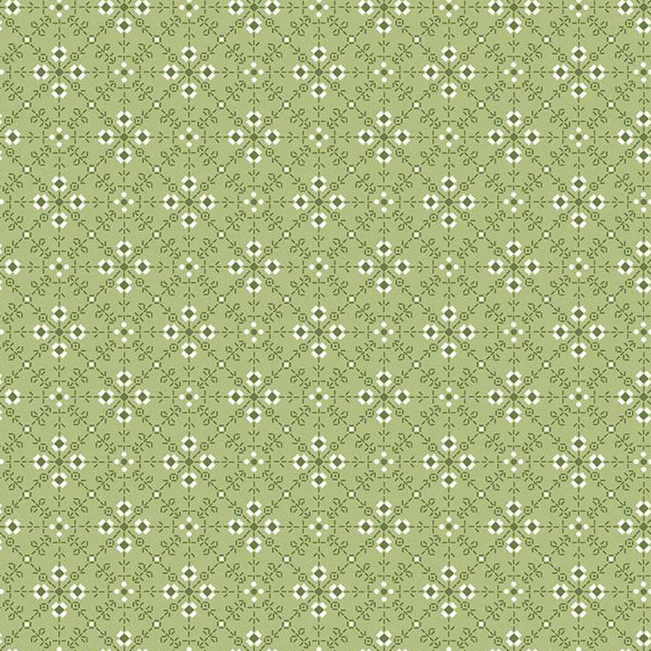 Lori Holtin Bee Plaids -kokoelman Hommade Granny Apple -puuvillakangas. Vihreä pohja, kukkakuviot, sopii tilkkutöihin ja käsitöihin.