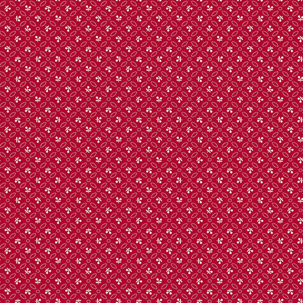 Lori Holtin Farmer's Daughter -kokoelman Cherries Jazzberry -puuvillakangas. Punainen pohja, geometrisiä kuvioita, sopii tilkkutöihin ja käsitöihin.