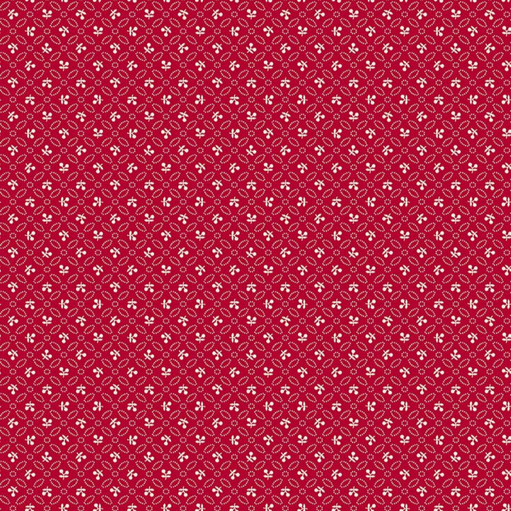 Lori Holtin Farmer's Daughter -kokoelman Cherries Jazzberry -puuvillakangas. Punainen pohja, geometrisiä kuvioita, sopii tilkkutöihin ja käsitöihin.