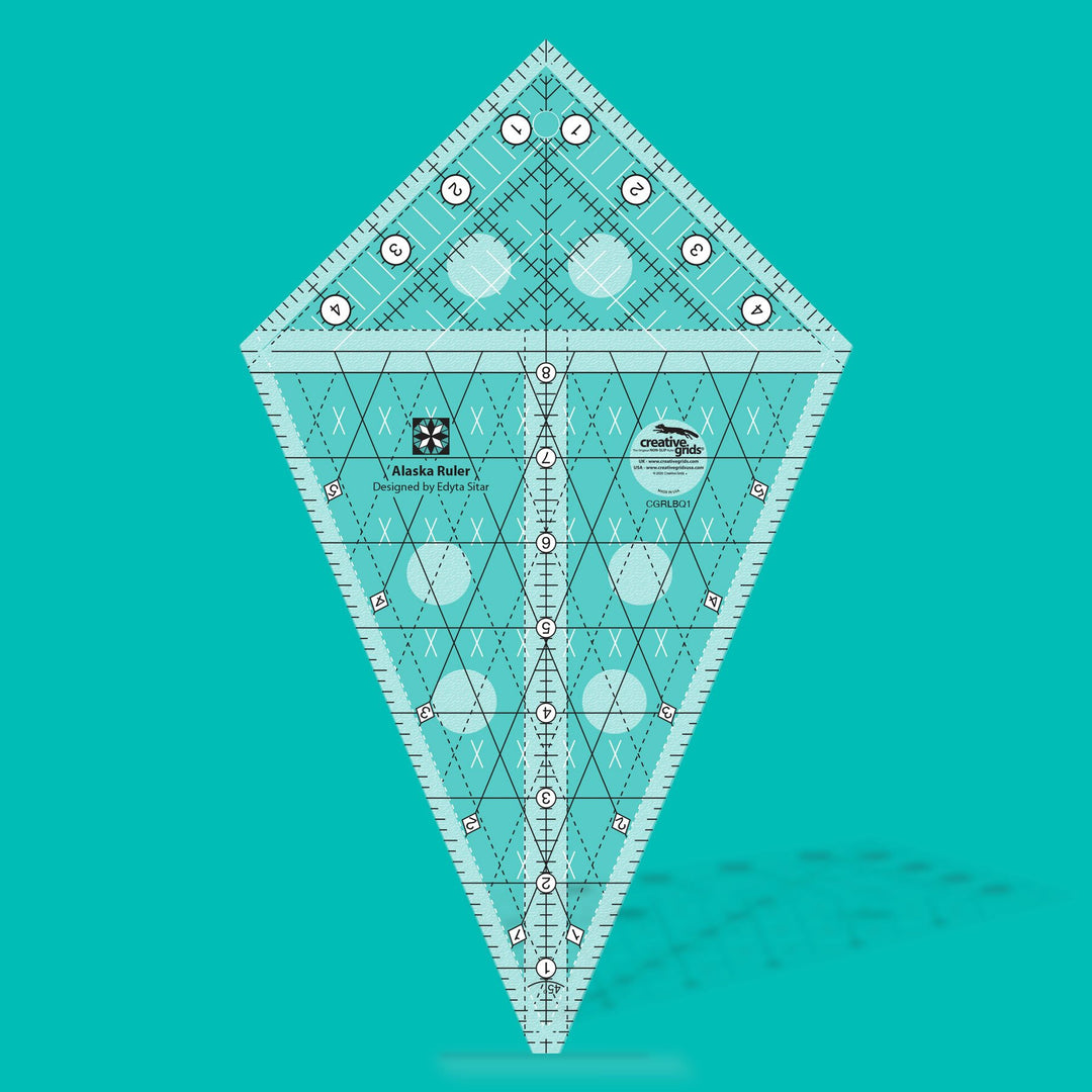 Creative Grids Alaska viivain CGRLBQ1, Edyta Sitarin suunnittelema liukumaton tilkkutyöviivain kaleidoskooppi- ja Alaska-lohkoihin