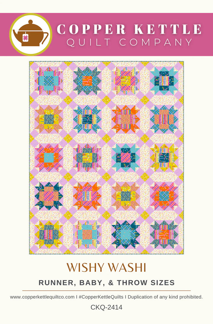 Wishy Washi -tilkkutyökaava (paperiversio) – moderni ja perinteinen quilt pattern kolmessa koossa: runner 42x164 cm, baby 123x123 cm, throw 164x204 cm.