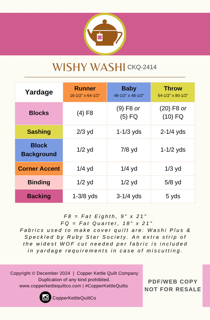 Wishy Washi -tilkkutyökaava (paperiversio) – moderni ja perinteinen quilt pattern kolmessa koossa: runner 42x164 cm, baby 123x123 cm, throw 164x204 cm.