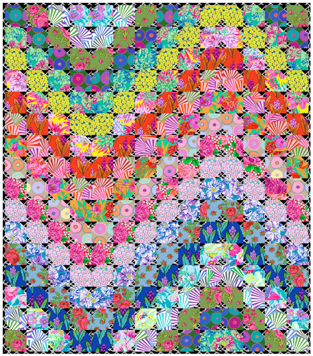 ColorWave-tilkkutyöpaketti – värikäs tilkkupeitto Kaffe Fassett Collectiven-kankaista, kirkkailla kuoseilla koottu peittomalli.