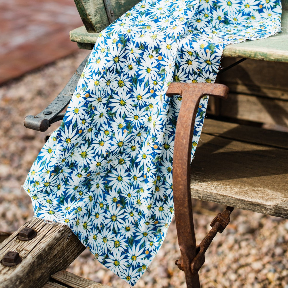 Puuvillakangas valkoisilla päivänkakkaroilla ja koboltinsinisellä taustalla – Fresh As A Daisy 8496-12, Moda / Create Joy Project