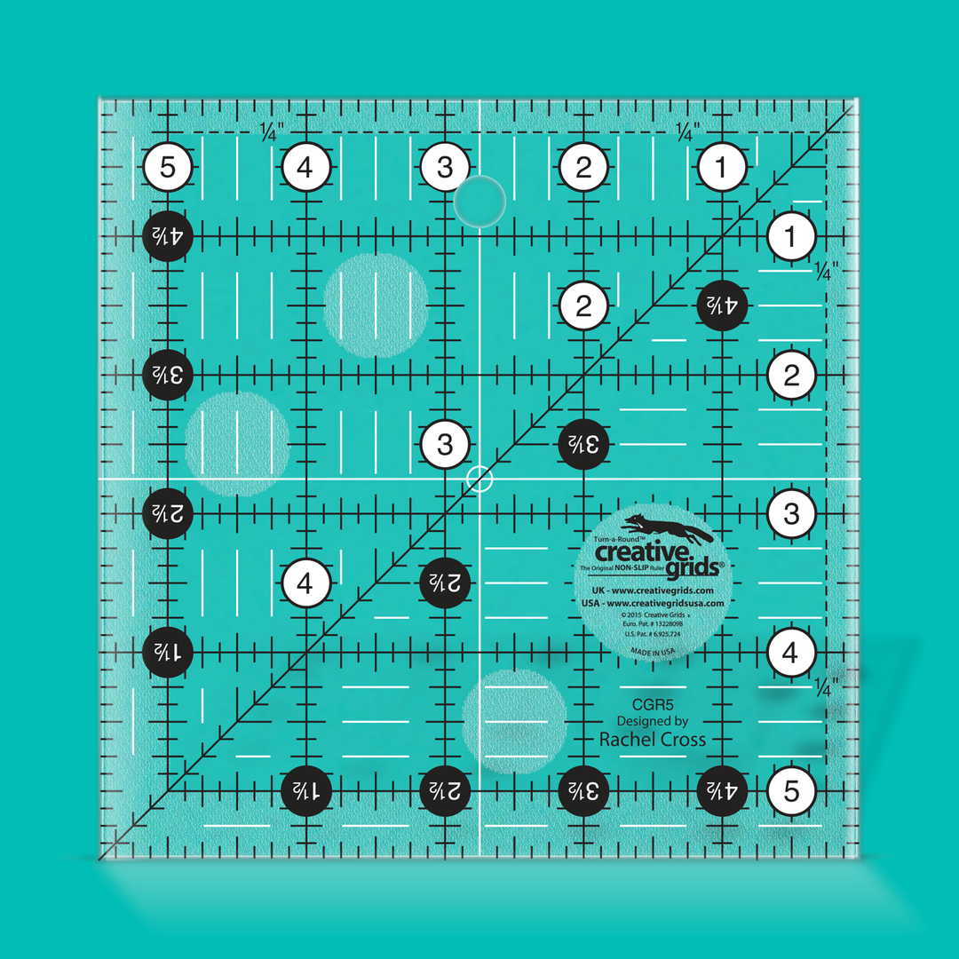 Creative Grids neliöviivain 5.5x5.5 tuumaa CGR5, liukumaton tilkkutyöviivain Rachel Cross