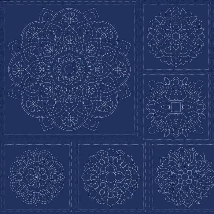 Mandala sashiko-paneeli laivastonsininen DV4061, pellava-puuvillasekoite