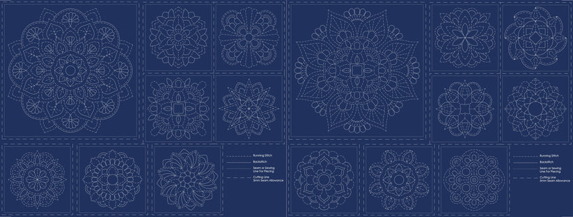 Mandala sashiko-paneeli laivastonsininen DV4061, pellava-puuvillasekoite