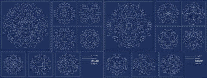 Mandala sashiko-paneeli laivastonsininen DV4061, pellava-puuvillasekoite