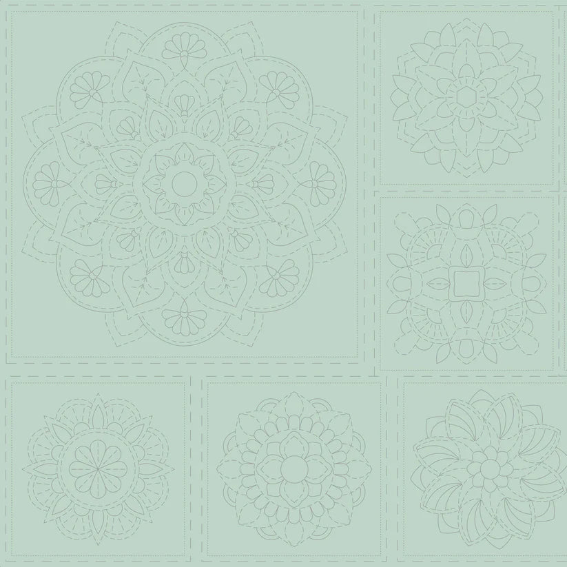 Mandala sashiko-paneeli vaaleanvihreä DV4065, pellava-puuvillasekoite